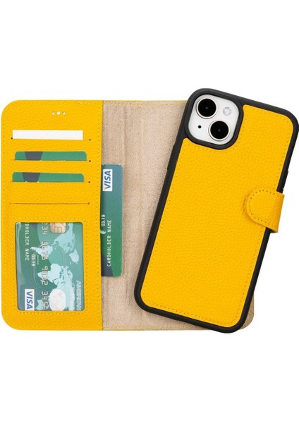 Mulvxurg URG02 Apple Iphone 15 Plus Uyumlu Deri Cüzdanlı Kılıf Mwwn FL12 Sarı (Mulvix)