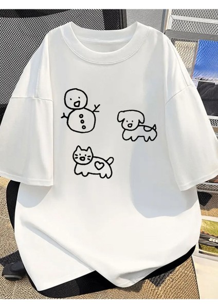 Unisex Kardan Adam Köpek Kedi Çizim Baskılı Oversize %100 Pamuk T-Shirt