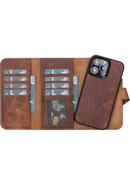 Mulvxurg URG02 Apple Iphone 13 Pro Uyumlu Deri Cüzdanlı Kılıf Santa G2 Kahve (Mulvix)