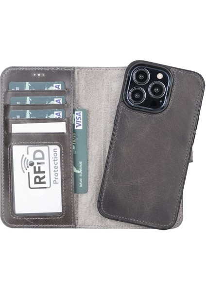 Mulvxurg URG02 Apple Iphone 13 Pro Uyumlu Deri Cüzdanlı Kılıf Mwwn Tn1 Gri (Mulvix)