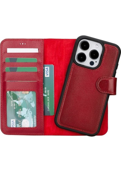 Mulvxurg URG02 Apple Iphone 15 Pro Uyumlu Deri Cüzdanlı Kılıf Mwwn V4EF Kırmızı (Mulvix)