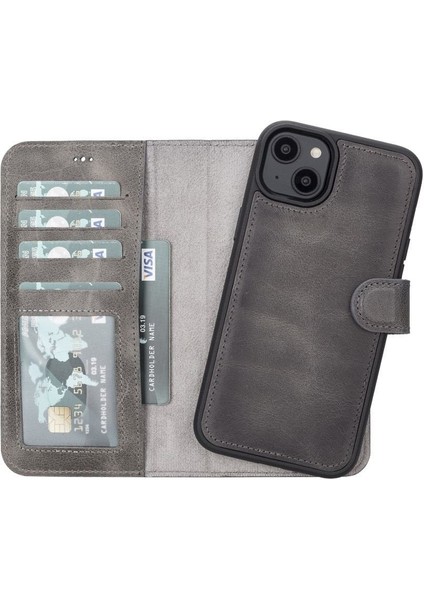 Mulvxurg URG02 Apple Iphone 14 Plus Uyumlu Deri Cüzdanlı Kılıf Mwwn VS4EF Gri (Mulvix)