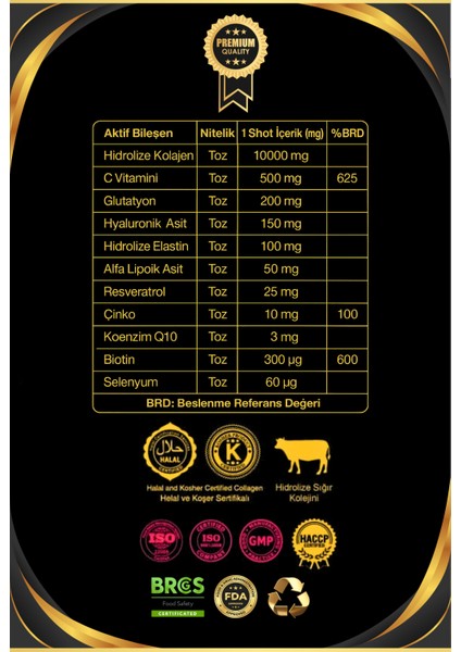 Kolajen 10.000 mg Tip 1-3 %100 Saf Patentli Hidrolize Sığır Kolajeni, 150mg Hyaluronik Asit, 500 mg Vitamin C, 200 mg Glutatyon, 25mg Resveratrol, 100 mg Elastin, Collagen Diyet Takviyesi modelleri