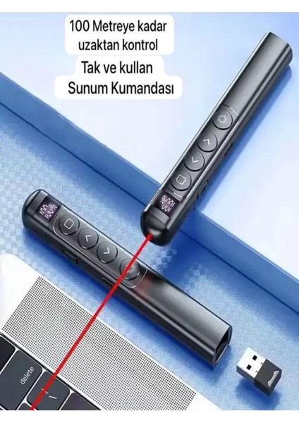Dijital Ekranlı Şarjlı Lazer Sunum Kumandası, Şarj Göstergeli, Siyah Renk fırsatları