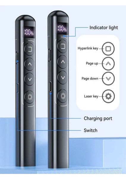 Dijital Ekranlı Şarjlı Lazer Sunum Kumandası, Şarj Göstergeli, Siyah Renk