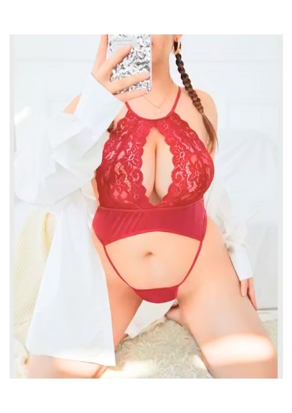 Artonlıne Büyük Beden Fantezi Kırmızı Dantelli Bodysouit TG279255-B