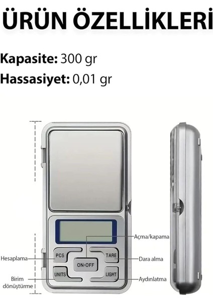 Taşınabilir Dijital Hassas Elektronik Tartı 001G-300G Mavi Işıkli