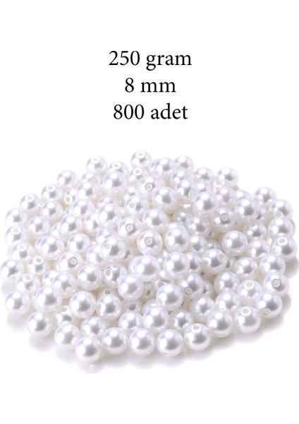 250 Gram 8mm Beyaz Renk Plastik Inci Boncuk Çanta ve Takı Yapım Boncuğu (~800 Adet)