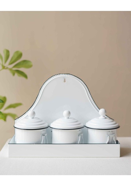 3'lü Galvaniz Saklama Kabı Seti, Duvarlı Baharatlık, Beyaz Renkli Pratik Depolama