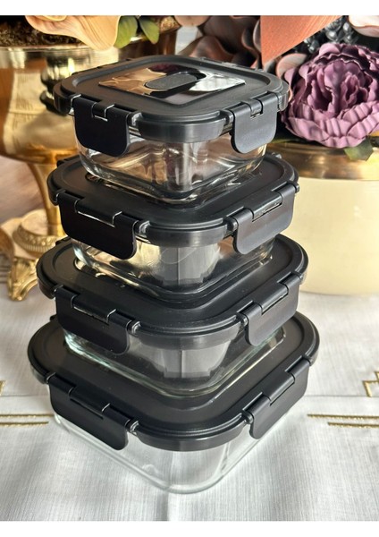 Çok Amaçlı Borosilikat Cam 4'lü Kare Saklama Kabı Siyah