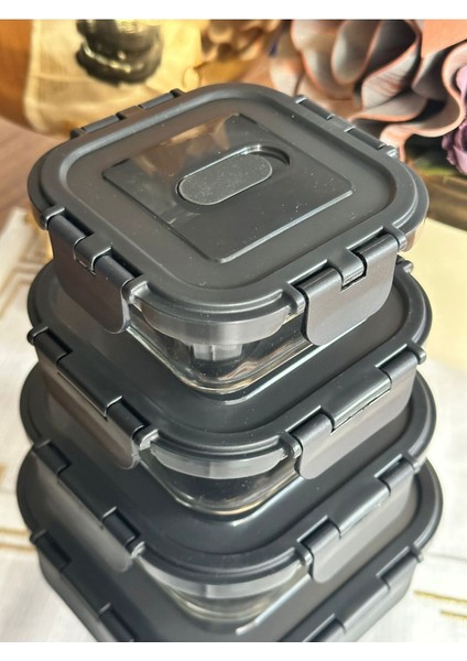 Çok Amaçlı Borosilikat Cam 4'lü Kare Saklama Kabı Siyah fiyatları