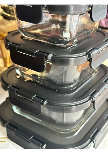 Çok Amaçlı Borosilikat Cam 4'lü Kare Saklama Kabı Siyah modelleri