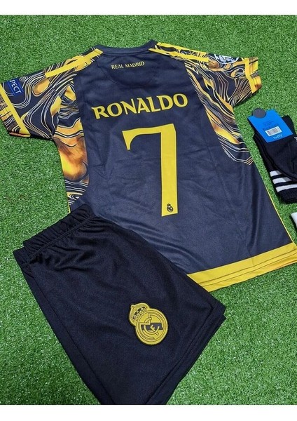 R.madridd 2024/25 Sezonu Cristiano Ronaldo Konsept Çocuk Forması 3'lü Set (Black-Yellow) modelleri