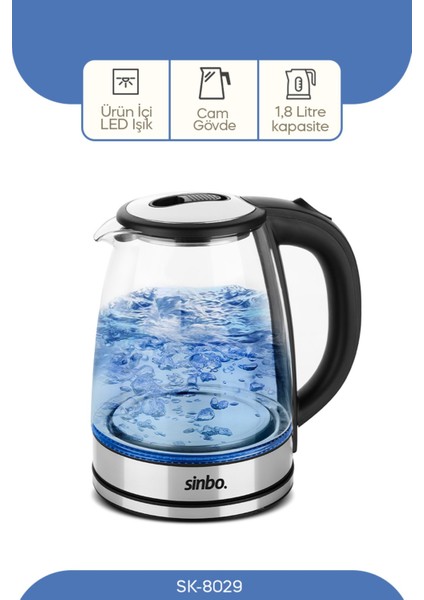 1,8 Litre Cam Su Isıtıcı - Paslanmaz Çelik Gizli Rezistans, Otomatik Kapanma Özelliği, Mavi LED Işıklı, Enerji Tasarruflu fırsatları