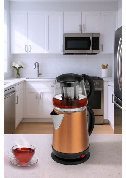 Cam Demlikli Elektrikli Çay Makinesi, Rose Gold, Şık ve Kullanışlı Tasarım