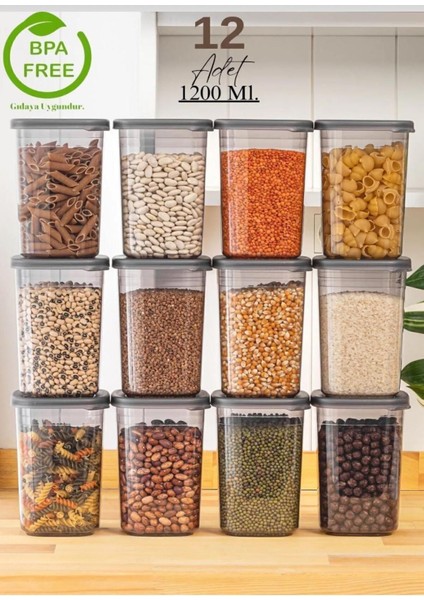 12'li Sızdırmaz Kapaklı Saklama Seti 1200ML, Etiketli ve Hediye | Gri