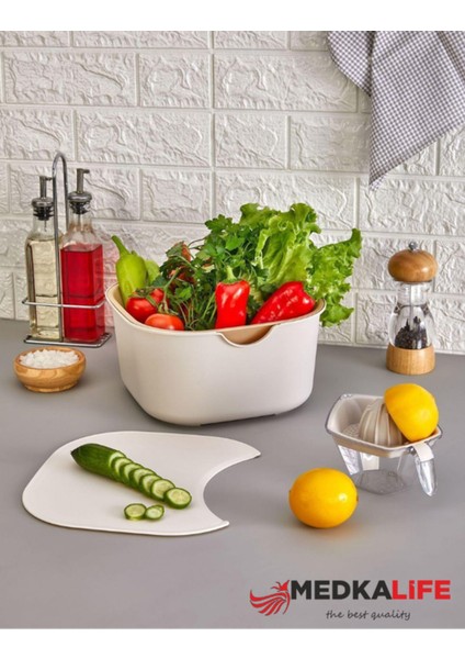 5 Parça Çok Amaçlı Mutfak Seti, Karıştırma Kabı, Süzgeç, Kesme Tahtası, Limon Sıkacağı