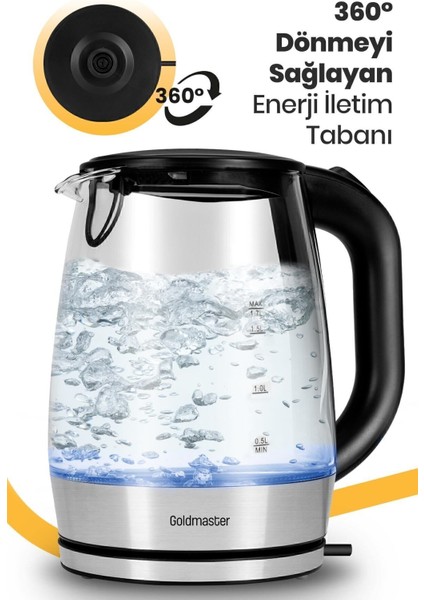 Su Isıtıcı 1,7 Lt Cam Gövde Paslanmaz Çelik Gizli Rezistans Mavi Işık ve Otomatik Kapanma