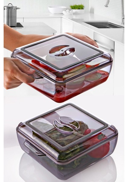 Gri Kare Contalı Plastik Saklama Kabı, 25X25X9.5 Cm, 2'li Set modelleri