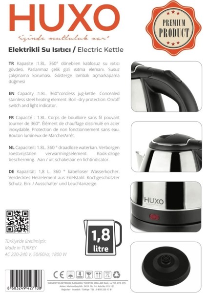 Paslanmaz Çelik Gizli Rezistanslı 1,8 Litre Elektrikli Su Isıtıcı fırsatları