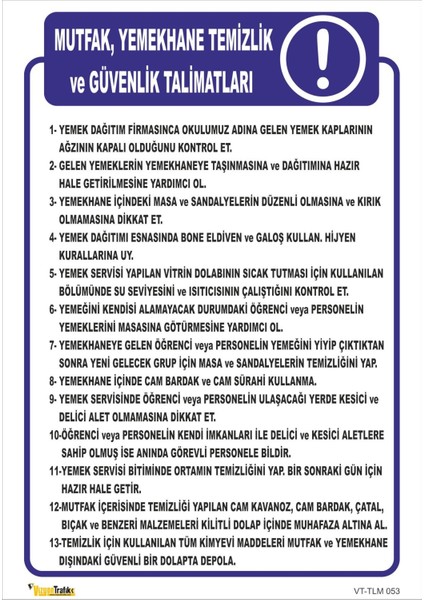 Mutfak Yemekhane Temizlik ve Güvenlik Talimatları Tlm 053 50X60 cm Dekota 3 mm