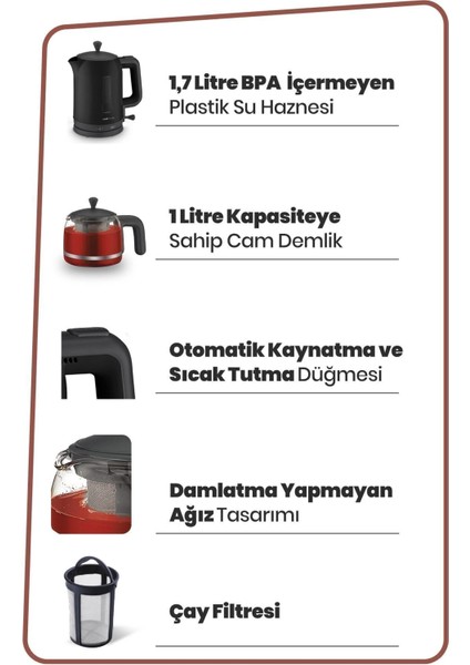 2200W Cam Demlikli Bpa Içermeyen Çay ve Su Isıtıcı, Siyah