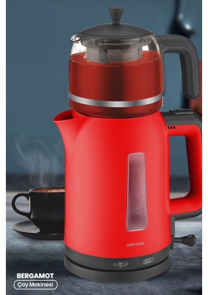 Kırmızı 2200W Cam Demlikli Çay ve Su Isıtıcı, Sağlıklı ve Şık Tasarım