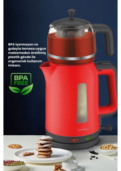 Kırmızı 2200W Cam Demlikli Çay ve Su Isıtıcı, Sağlıklı ve Şık Tasarım fiyatları