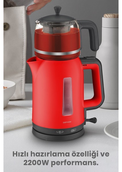 Kırmızı 2200W Cam Demlikli Çay ve Su Isıtıcı, Sağlıklı ve Şık Tasarım fırsatları