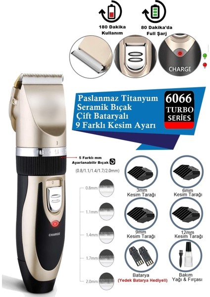 Yp 6066 Seramik Bıçaklı Profesyonel Şarjlı Saç Sakal Tıraş Makinesi 9 Ayar (Yedek Bataryalı)