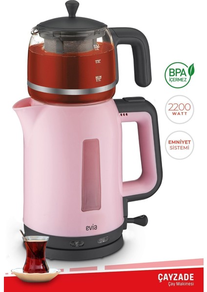 Pembe Elektrikli Çay ve Su Isıtıcı, Cam Demlik, 2200W, Sağlıklı Kullanım