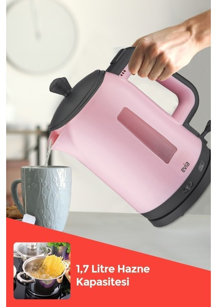 Pembe Elektrikli Çay ve Su Isıtıcı, Cam Demlik, 2200W, Sağlıklı Kullanım fırsatları
