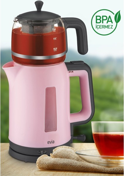 Pembe Elektrikli Çay ve Su Isıtıcı, Cam Demlik, 2200W, Sağlıklı Kullanım indirimleri