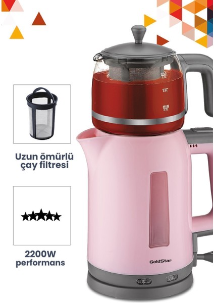 Pembe Çay Makinesi ve Su Isıtıcısı, 2200W, Cam Demlikli, Pratik ve Şık Tasarım modelleri