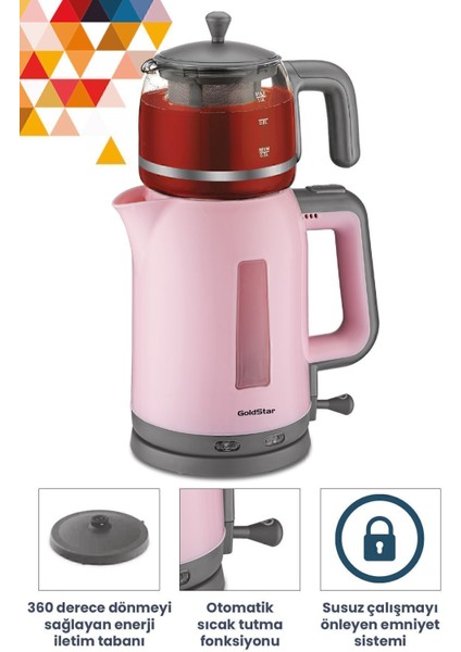 Pembe Çay Makinesi ve Su Isıtıcısı, 2200W, Cam Demlikli, Pratik ve Şık Tasarım fırsatları