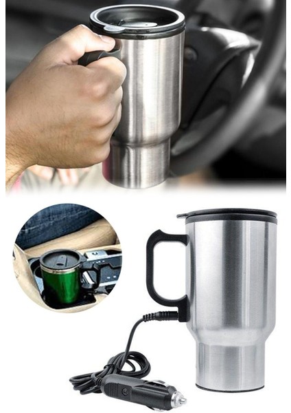 Araç Içi Su Isıtıcı, Termos Kupa, 300 Ml, Şık ve Kullanışlı Gümüş Renkli Bardak