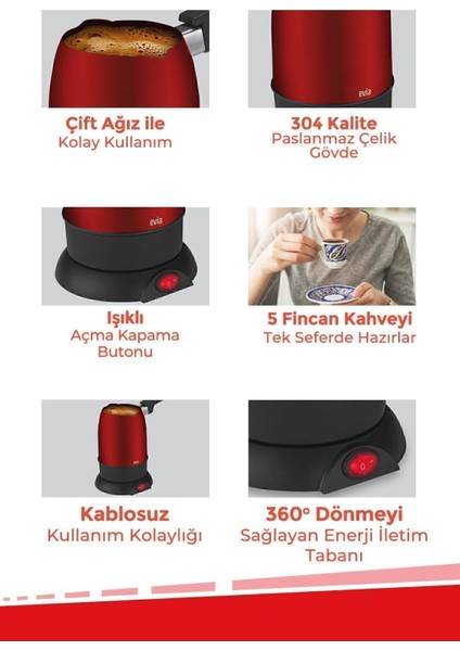 Kırmızı 850W Çift Ağızlı Paslanmaz Çelik Elektrikli Cezve