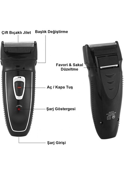 Şarjlı Çift Bıçaklı Sakal Tıraş Makinesi Yedek Başlık ve Jilet Siyah modelleri