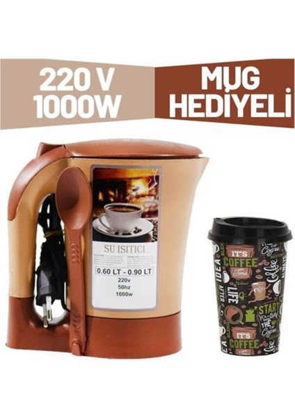 Kahverengi 220V Plastik Kettle ve Mug Seti, Şık ve Kullanışlı Ev Gereçleri