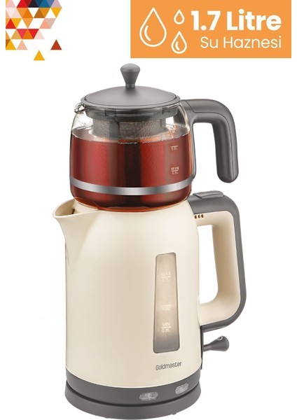 Krem Renkli 2200W Çay ve Su Isıtıcı, Cam Demlikli, Şık ve Fonksiyonel Tasarım fırsatları
