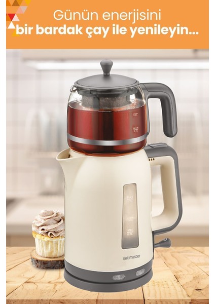 Krem Renkli 2200W Çay ve Su Isıtıcı, Cam Demlikli, Şık ve Fonksiyonel Tasarım