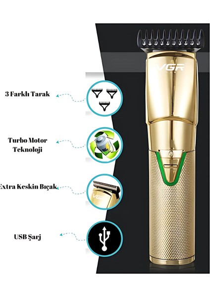 Altın Krom USB Şarjlı Saç ve Sakal Tıraş Seti V-903