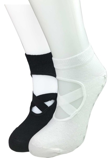 2 Adet Kaydırmaz Taban Kadın Dans Pilates ve Yoga Çorabı Siyah Beyaz