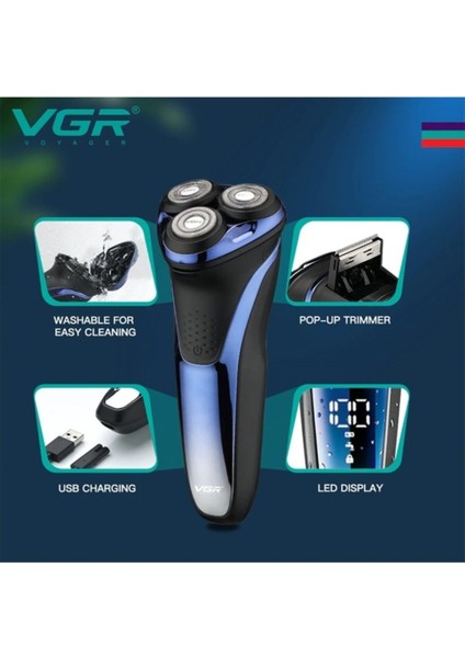 3 Kafalı USB Şarjlı Yıkanabilir Sakal ve Tıraş Makinesi LCD Ekran Gri