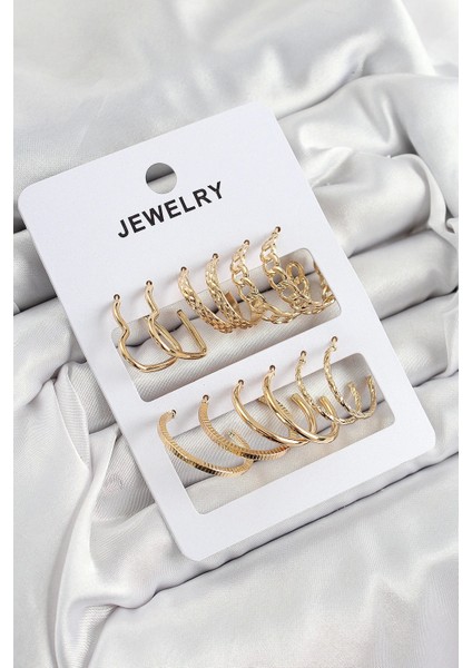 Pirinç Karışık Halka Model Gold Renk 6 Çift Kadın Küpe Set