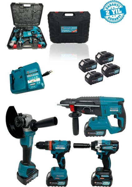 Şarjlı 4'lü Matkap Seti, Darbeli, Torklu, Spiral ve Hiltli, Çok Amaçlı Kullanım