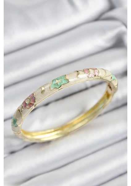 Mineli Pirinç Pembe Yeşil ve Krem Çiçek Motifli Gold Renk Kadın Kelepçe