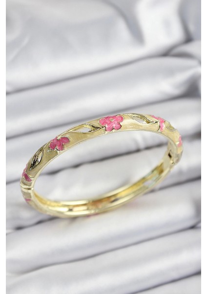Mineli Pirinç Pembe ve Hardal Çiçek Motifli Gold Renk Kadın Kelepçe