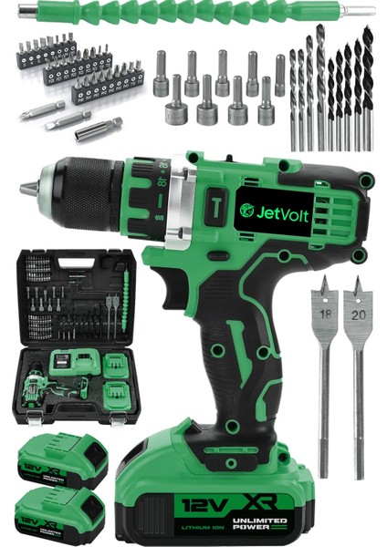 12V 2.0AH Şarjlı Matkap 84 Parça Set, Metal Şanzıman, Bakır Sargı, Çift Akülü, Yeşil