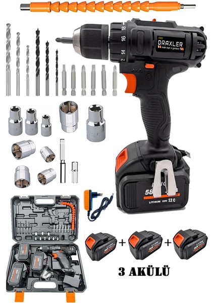 3'lü Akülü Matkap Seti, Çelik Şanzuman, Vidalama, 58V, 10AH, Şarjlı